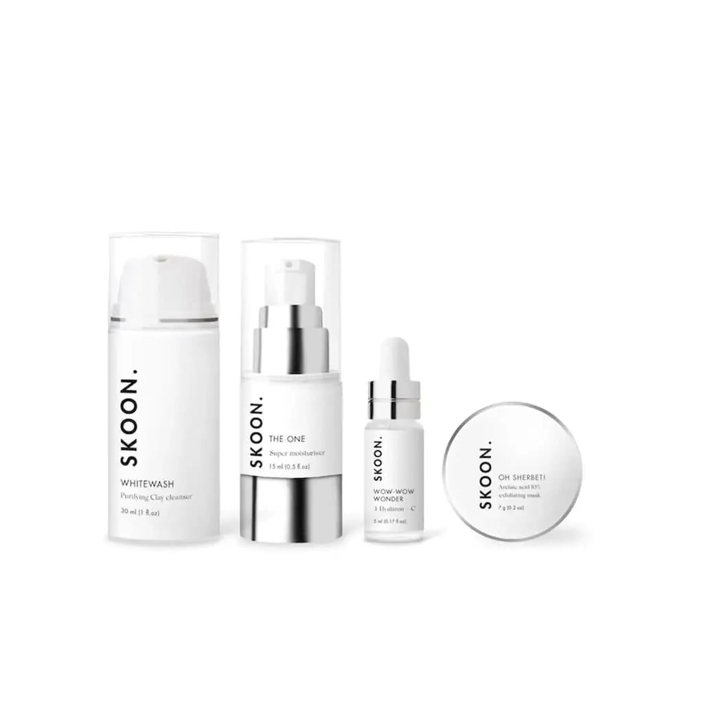 SKOON skincare products for combination skin: Starter kit with cleanser, moisturizer, and serum.