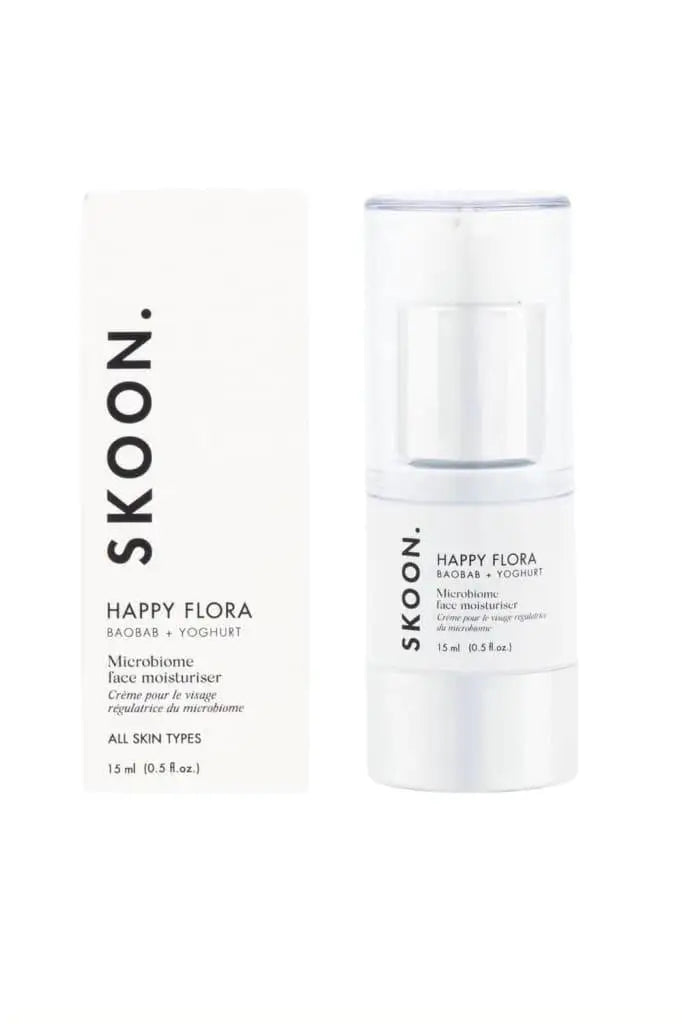 Skoon Happy Flora Face Moisturizer: Microbiome Skincare for Sensitive Skin. 15ml. Hydrating, Soothing, Baobab + Yogurt. Shop Now!