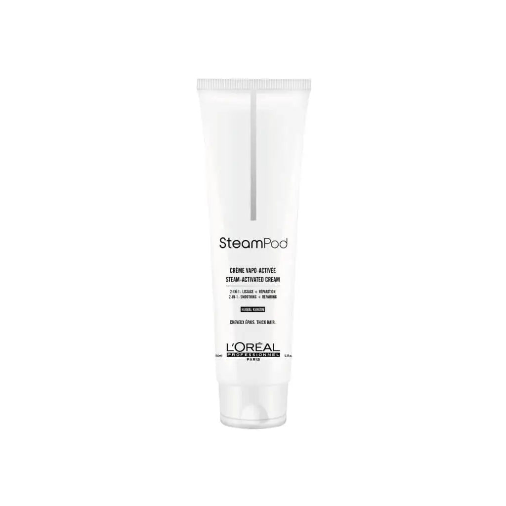 White tube of Steampod Steam Activated Cream by L’Oréal Professionnel for hair care, 200ml