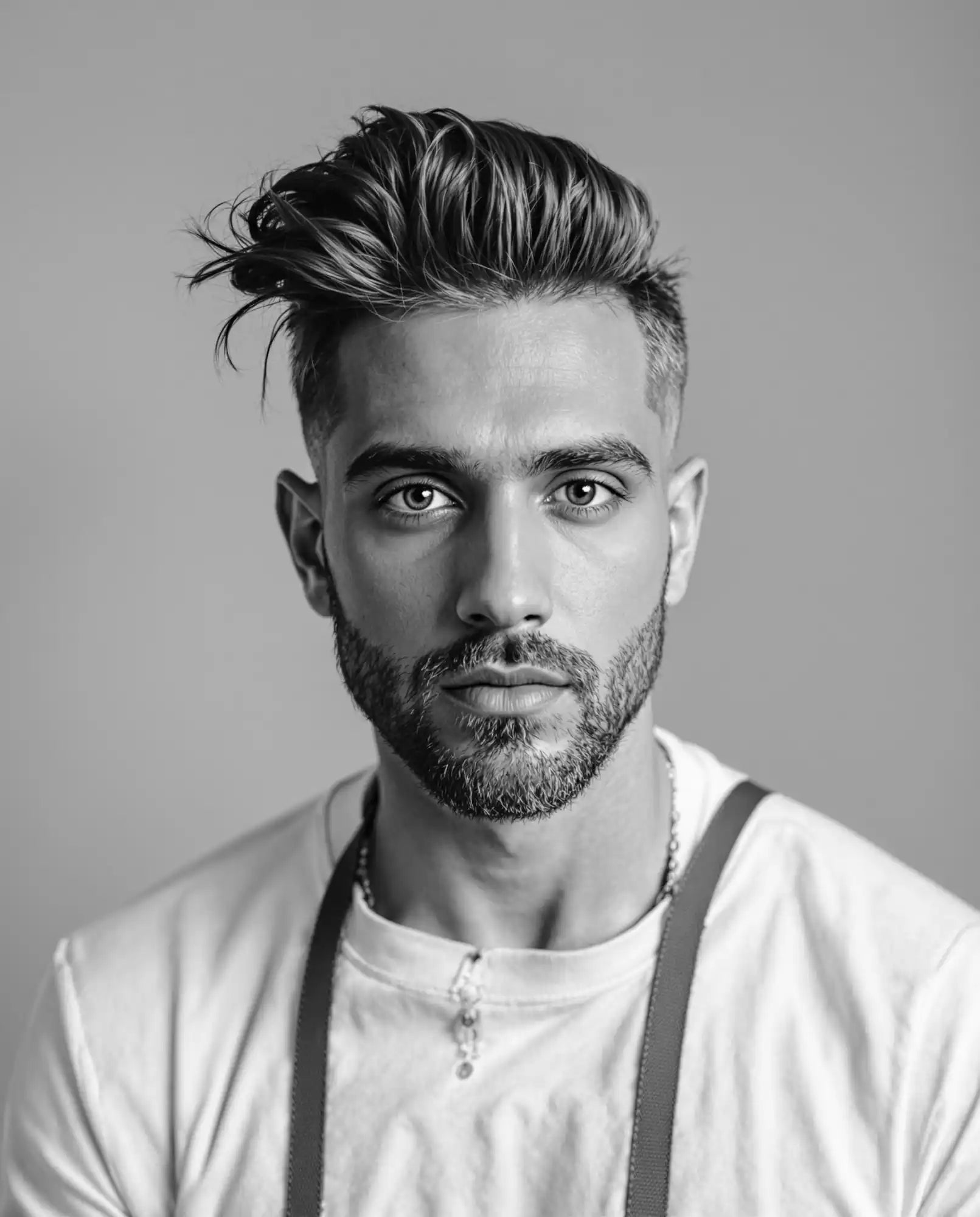 Stylish man with a beard and suspenders.