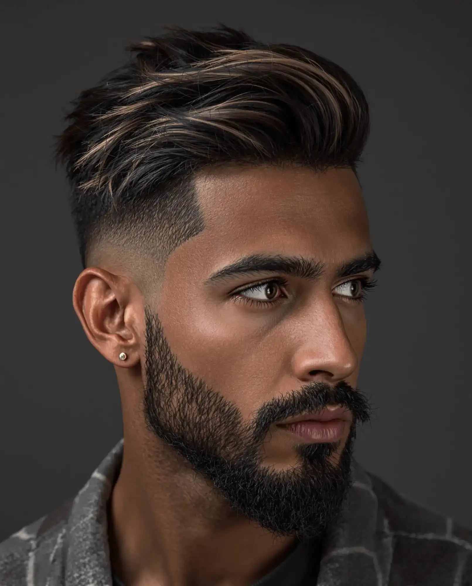 Stylish man with a modern haircut and beard.