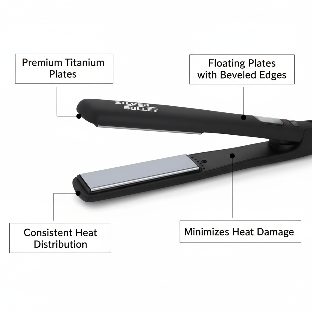 Silver Bullet Lightning Titanium Straightener with premium titanium plates and floating beveled edges