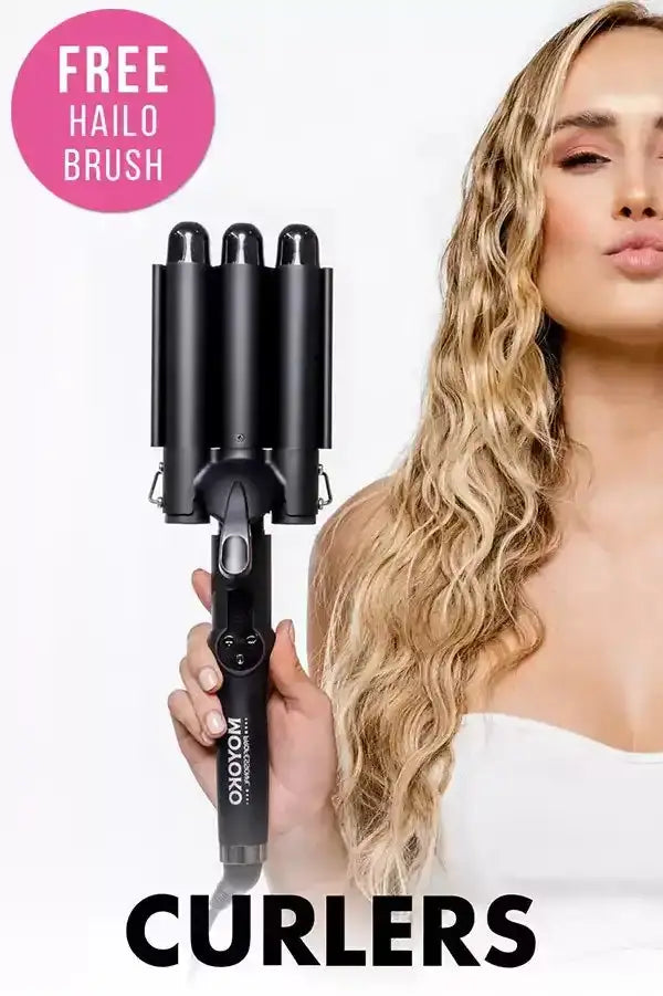 Triple-barreled black hair curling iron with a handle.