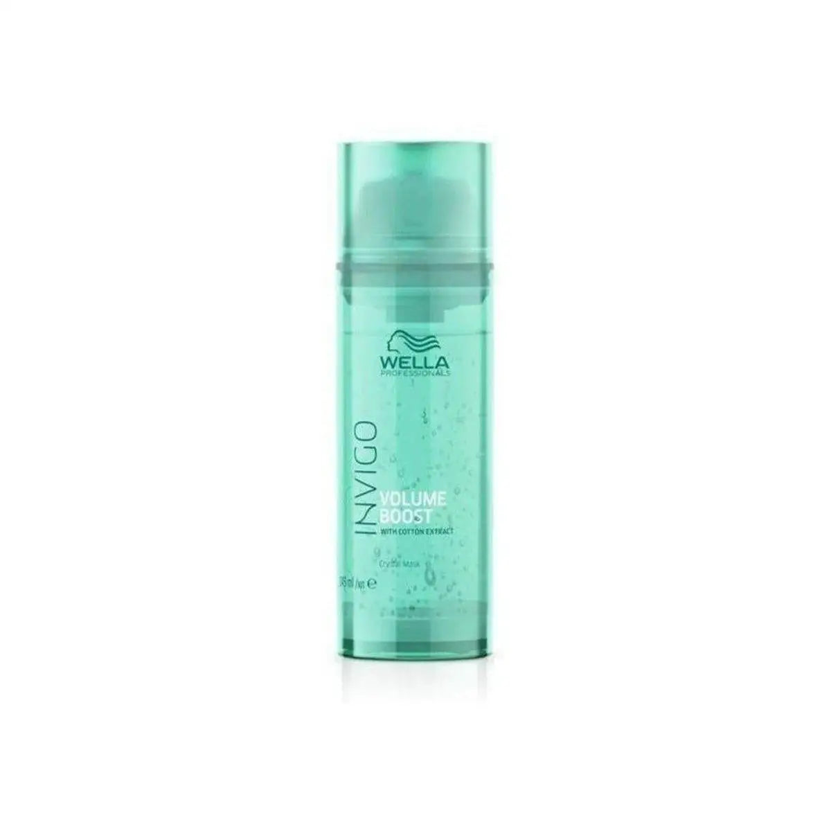 Teal cylindrical bottle of Wella Professionals Invigo Volume Boost Crystal Mask, 145ml