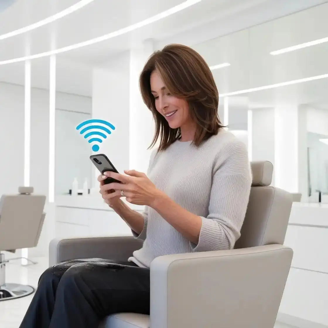 WiFi symbol hovering above a smartphone being used in an office setting.