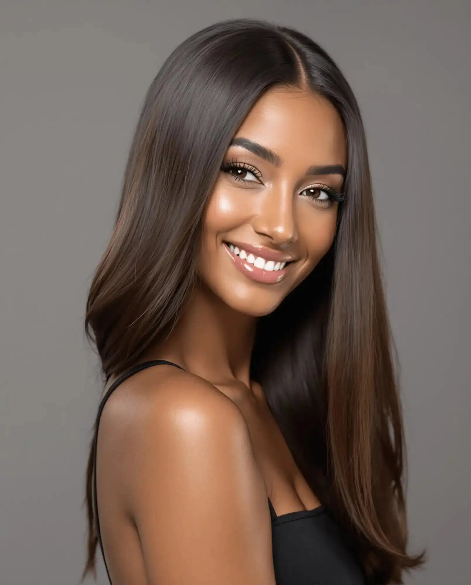 Smiling woman with long, dark hair.