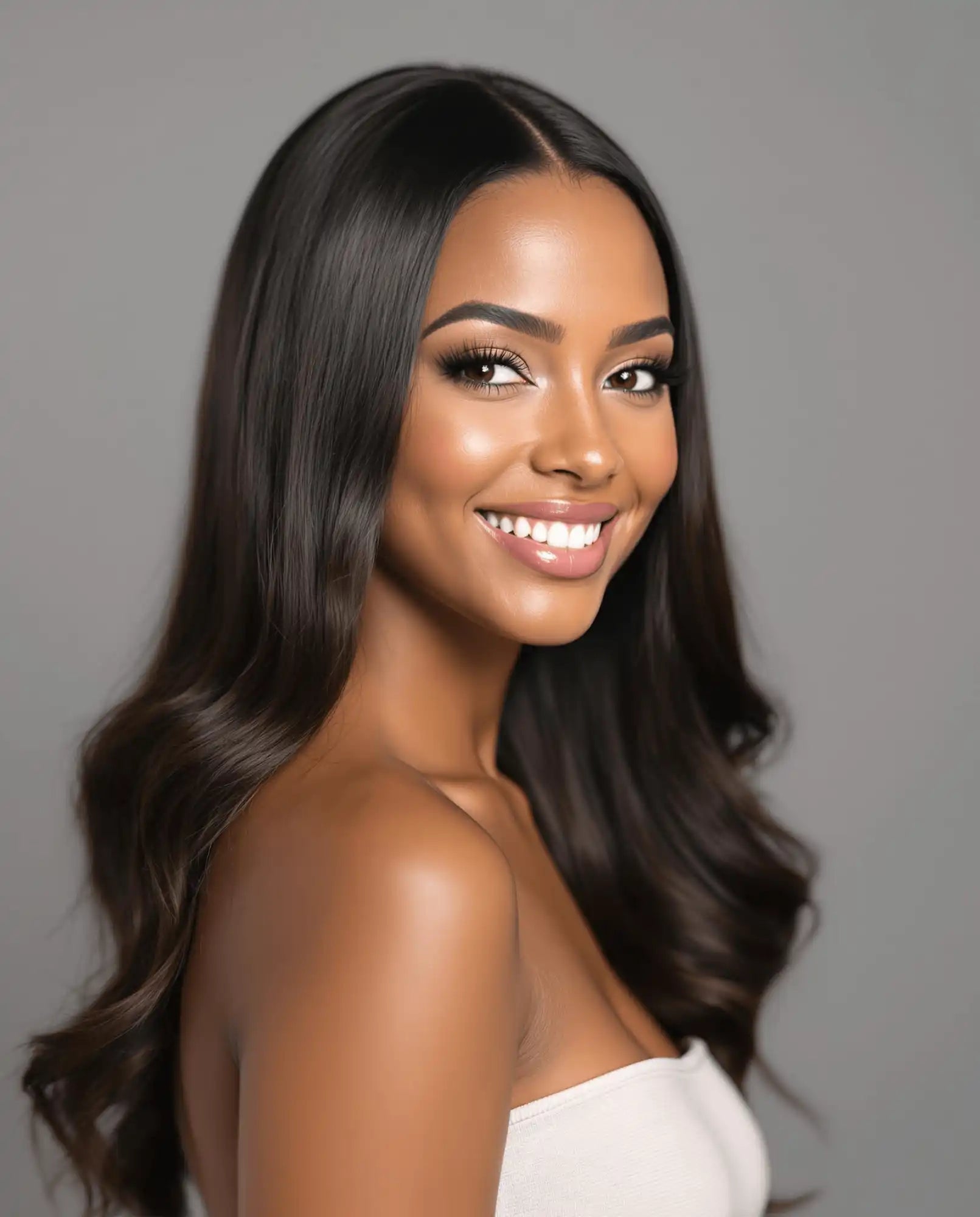 Smiling woman with long, dark, wavy hair.