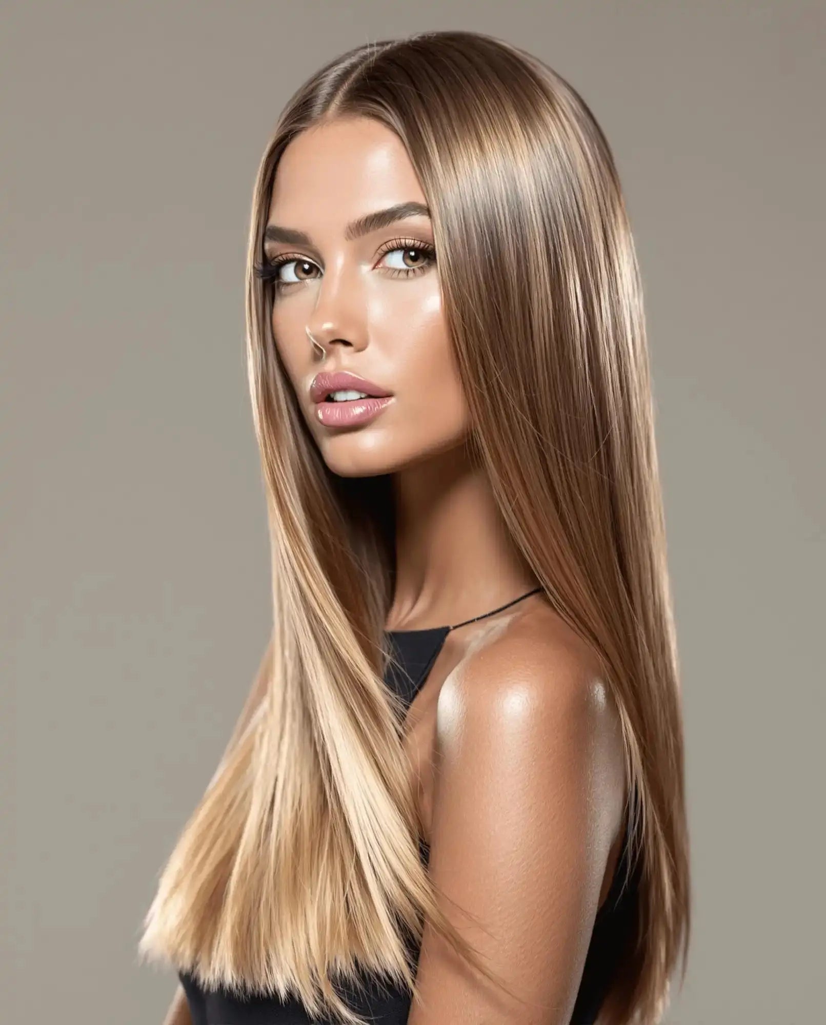 Woman with long, straight, highlighted hair.