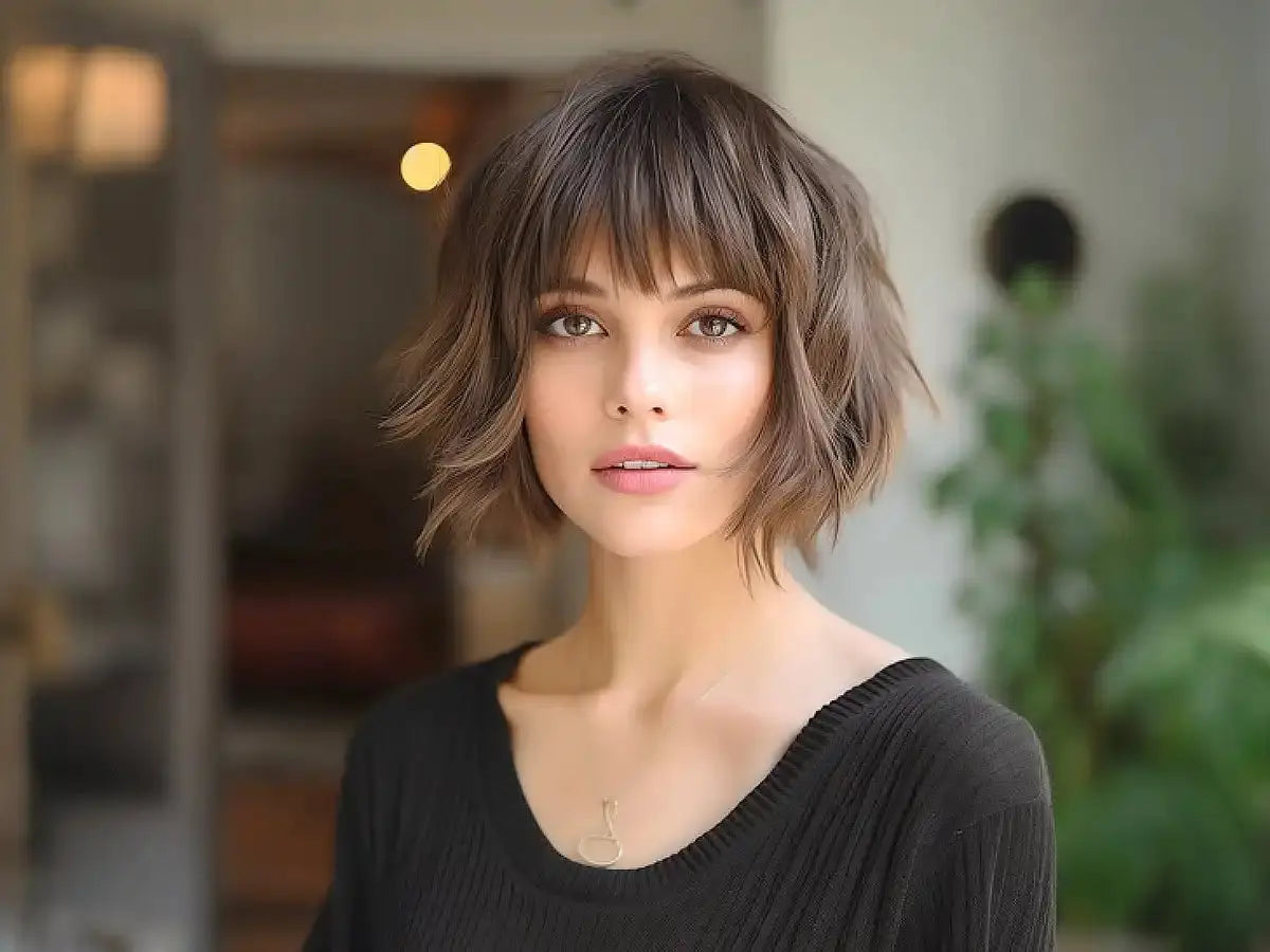 Woman with short wavy hair and bangs wearing a black top.