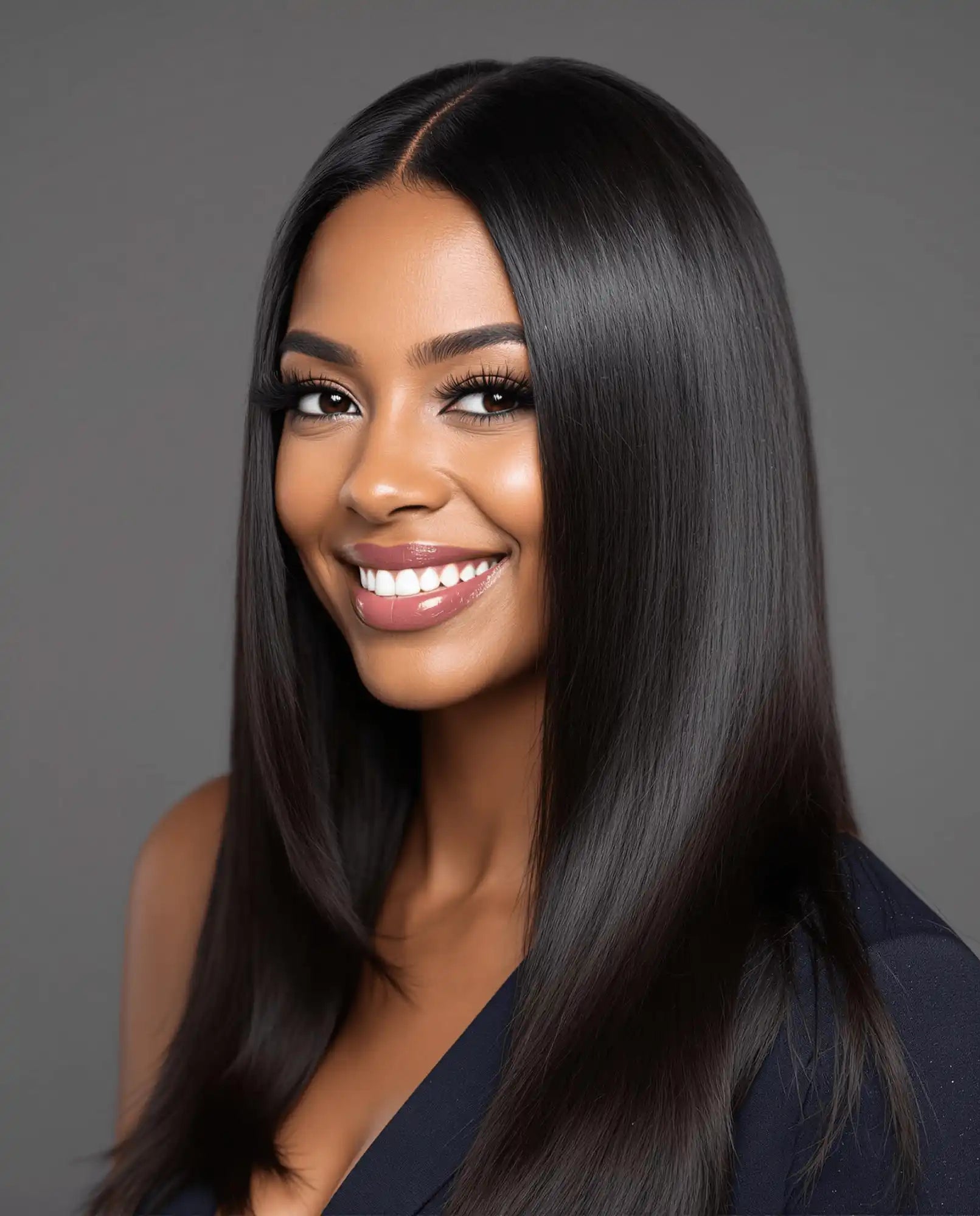 Smiling woman with sleek black hair.