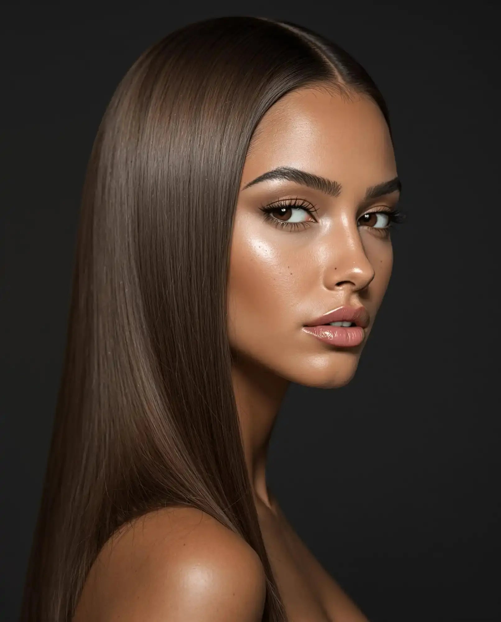 Woman with sleek, shiny brown hair.