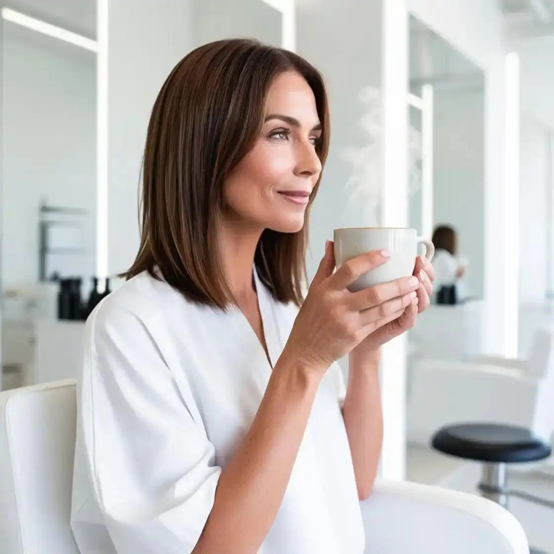 Woman in a white top holding a coffee cup while looking to the side.