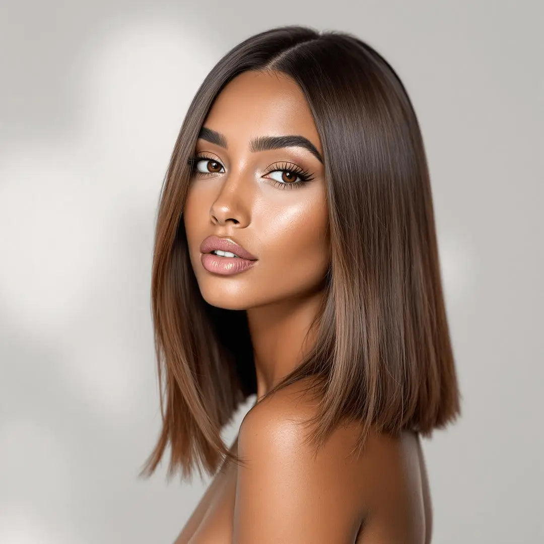 Sleek shoulder-length brown hair with highlights reflecting 2025 hair care trends.