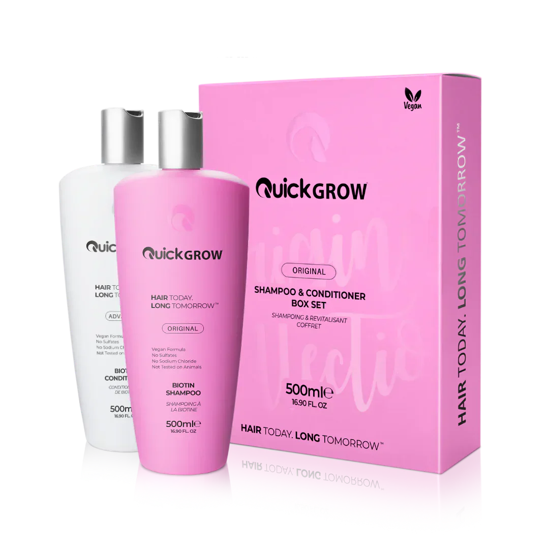 Hair care product set with pink shampoo and conditioner for quick grow hair benefits.