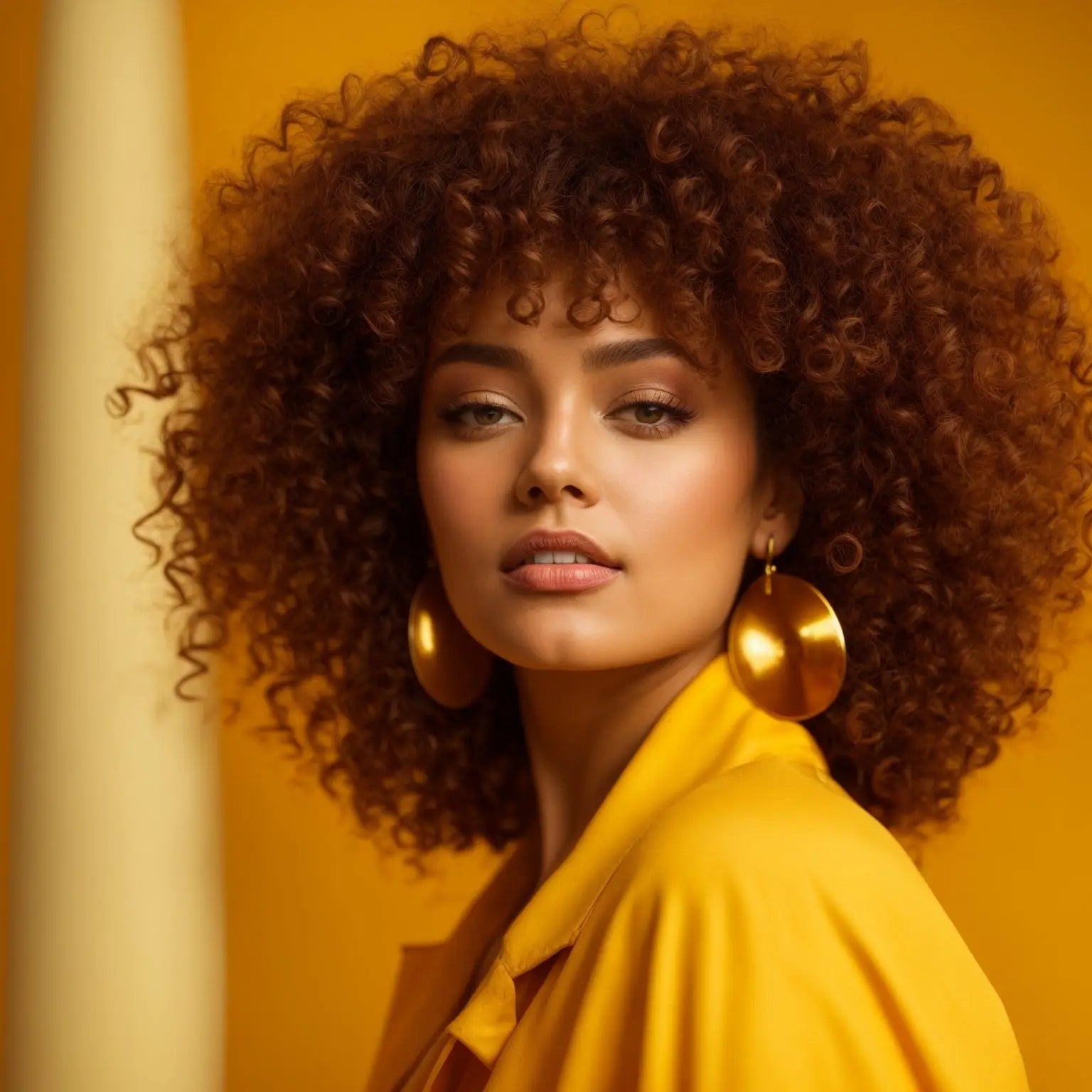 Woman with voluminous curly hair in yellow top showcases Mizani products for salon-quality styles.