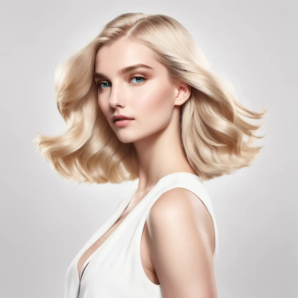 Blonde woman with wavy shoulder-length hair in white top demonstrating hair styling techniques