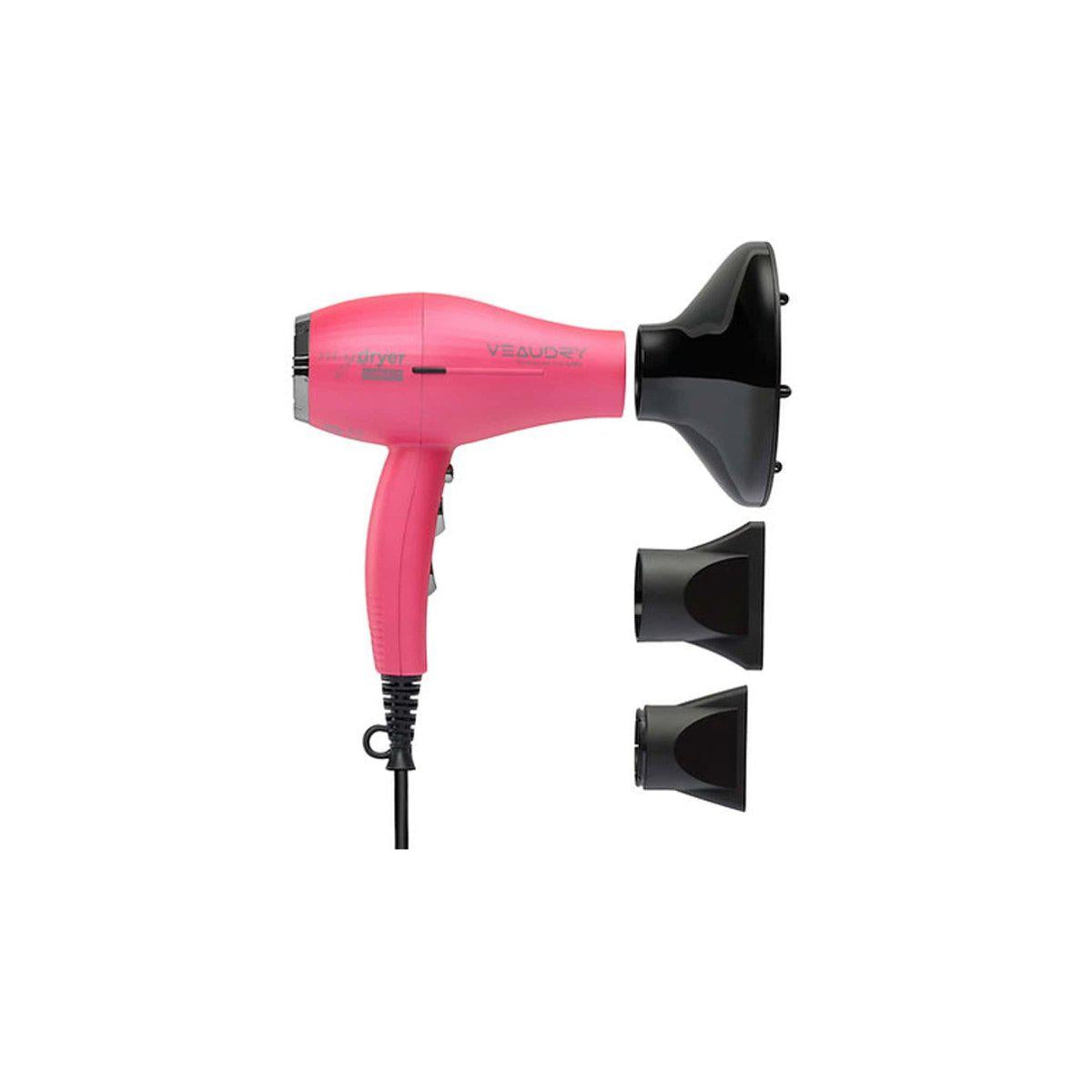 Pink Veaudry MyDryer with detachable black nozzle attachments for versatile styling.