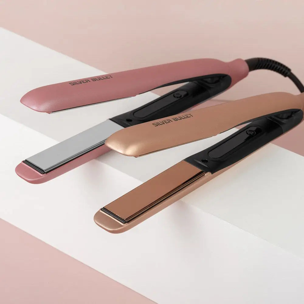 Hair straighteners in pink, silver, and rose gold colors for Sleek Heat Ceramic styling.