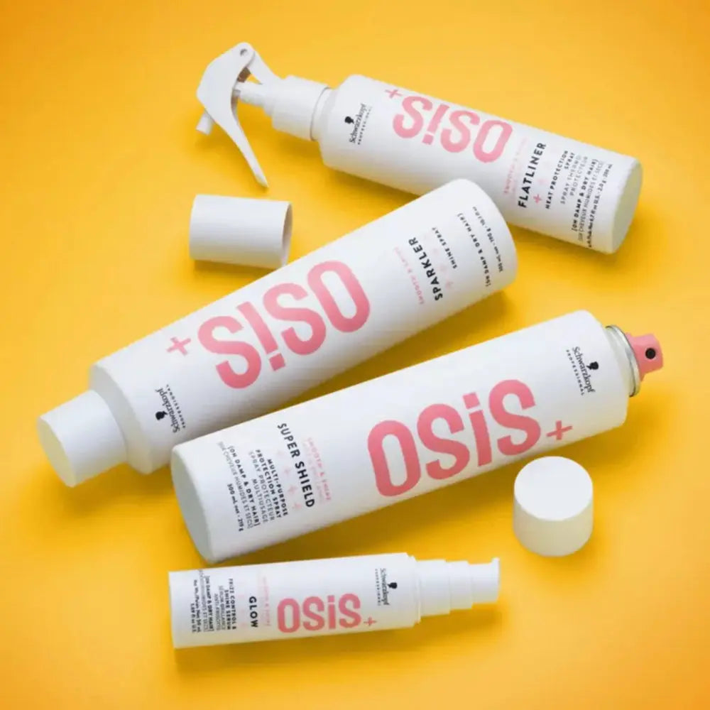 White tubes of Schwarzkopf Osis+ hair styling products on a vibrant yellow surface