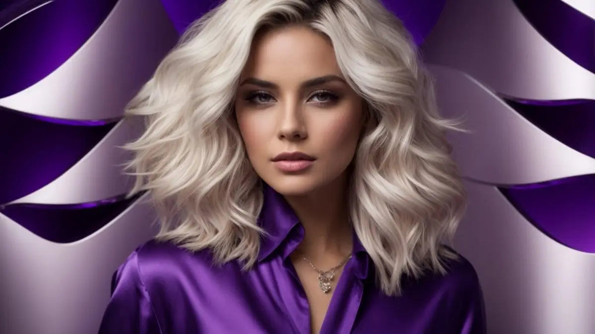 Woman with platinum blonde wavy hair in purple top promoting hair growth conditioner.