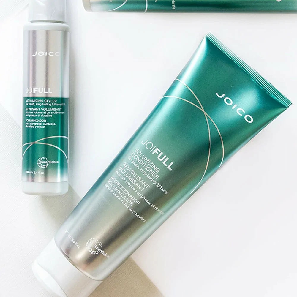 Teal and silver Joico Joifull volumizing hair care products with bamboo extract.