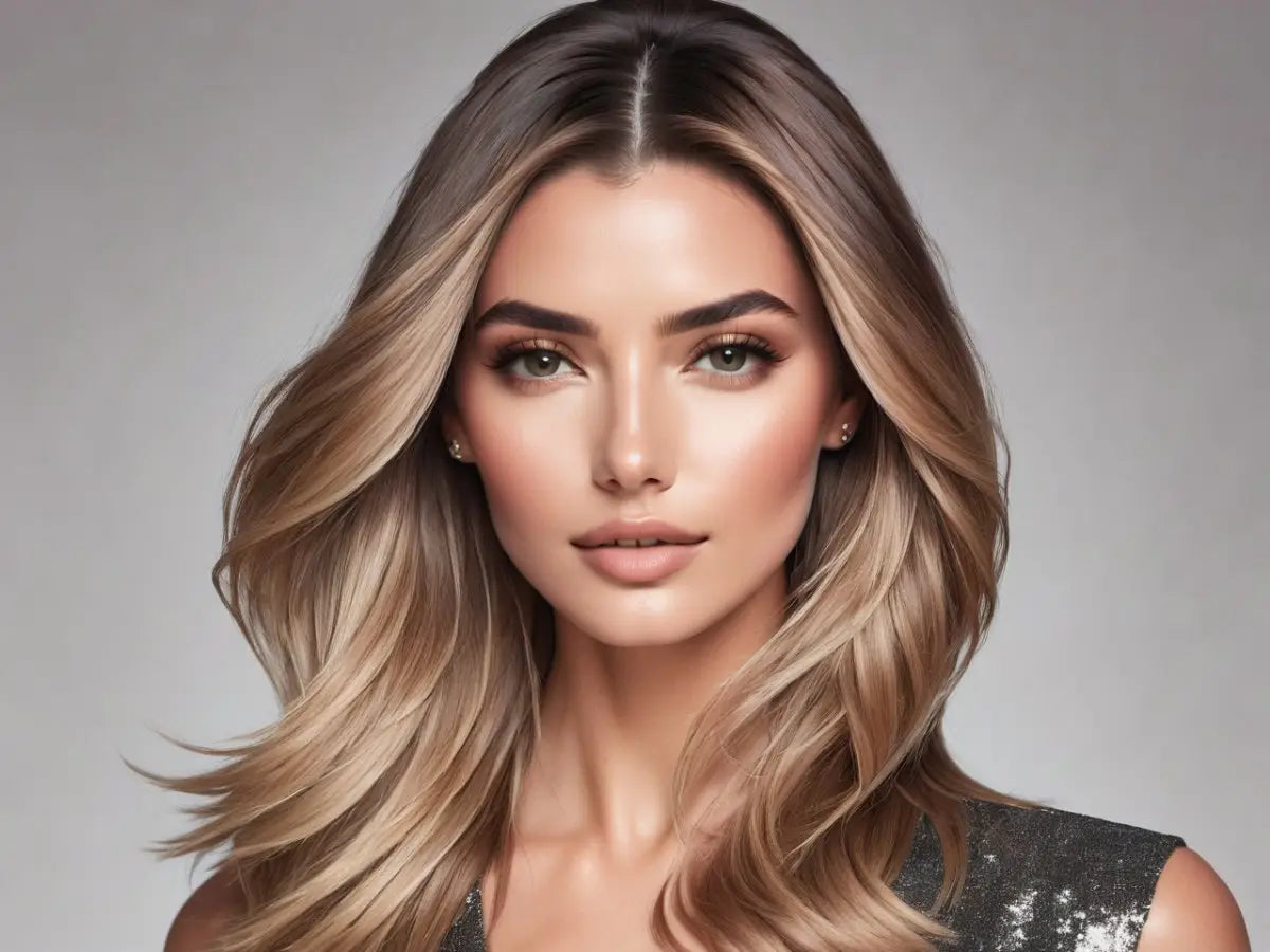 Woman with long blonde hair and striking makeup showcasing sun-kissed highlights in Balayage Unveiled.