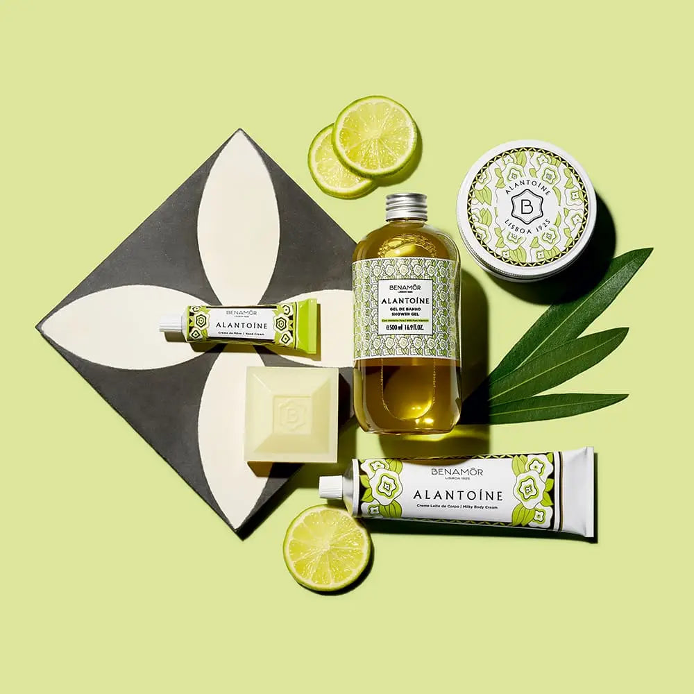 Beauty products with lime packaging and ingredients in Benamor Rose Amélie Body Lotion Gift Set