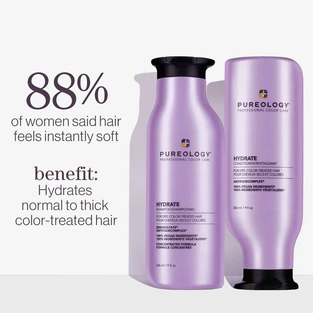 Purple Pureology Hydrate shampoo and conditioner bottles for sulfate-free hair care.