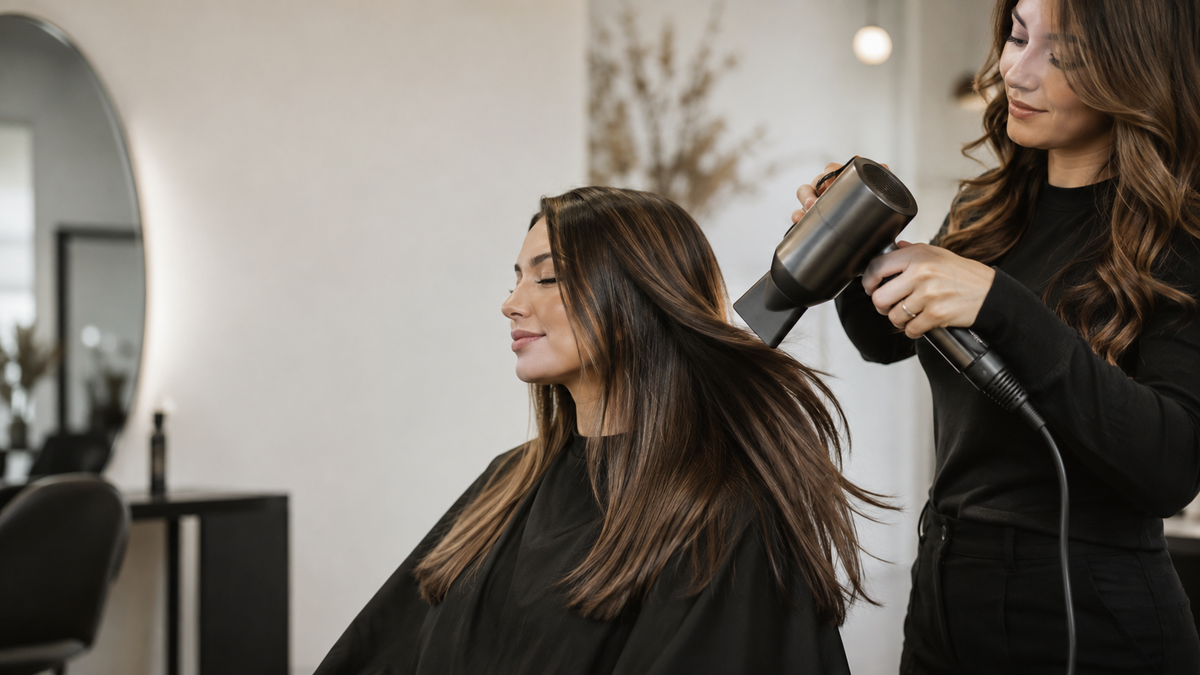 Stylist blow-drying long smooth hair in a modern salon