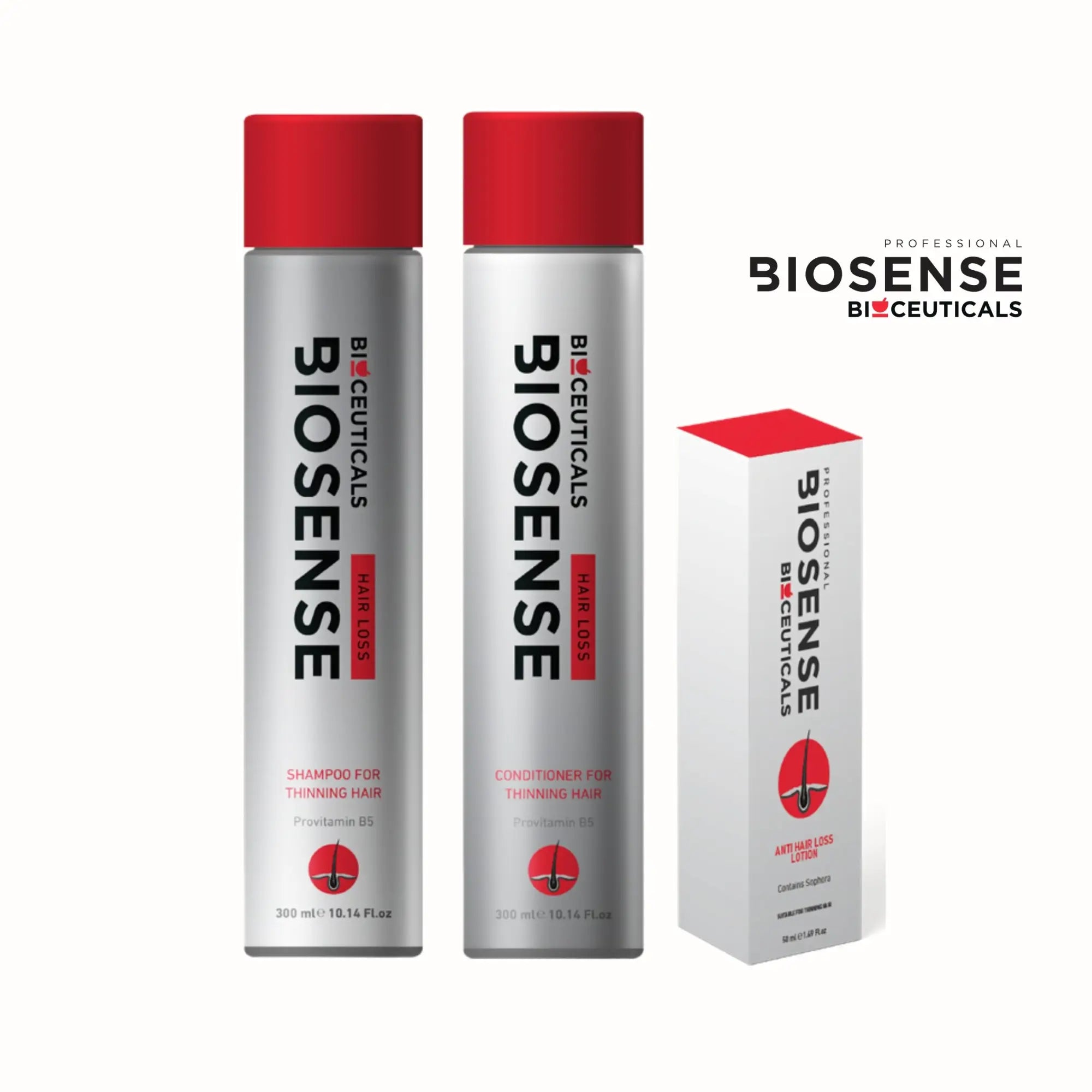 Two Biosense Bioceuticals bottles with red caps for healthy hair growth solutions.