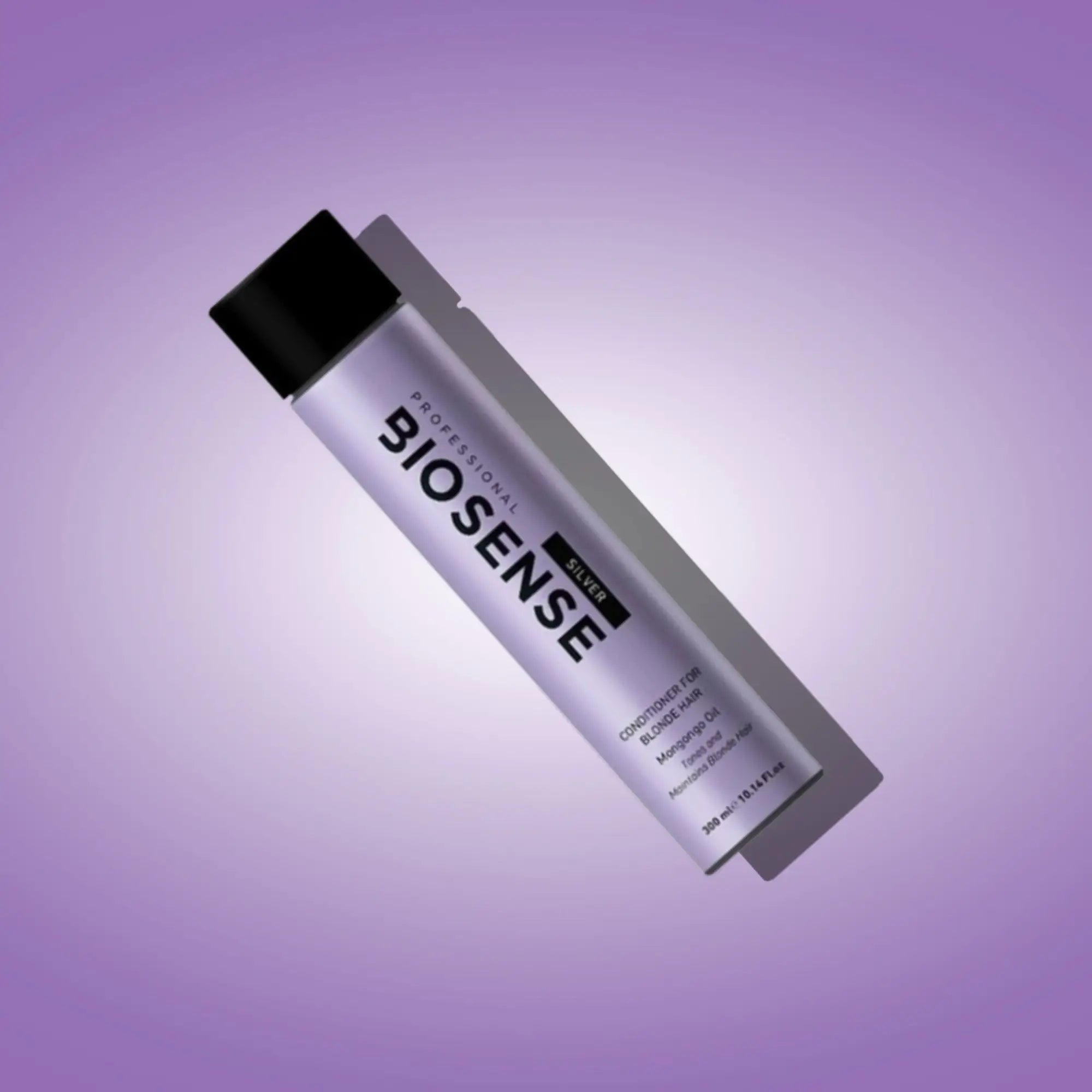 Cylindrical silver BIOSENSE shampoo tube with black cap for healthy hair care.