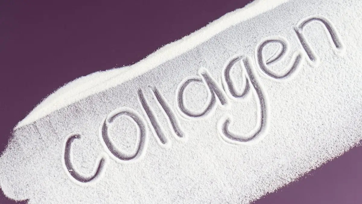 White strip featuring the word collagen, promoting collagen production for healthier skin.