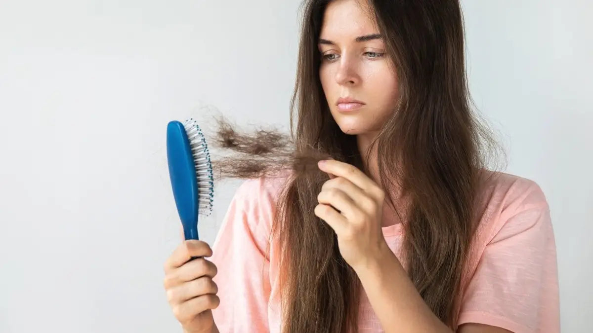 Woman with long brown hair holds a blue hairbrush, exploring Pureology Hydrate Bundle for color-treated hair.