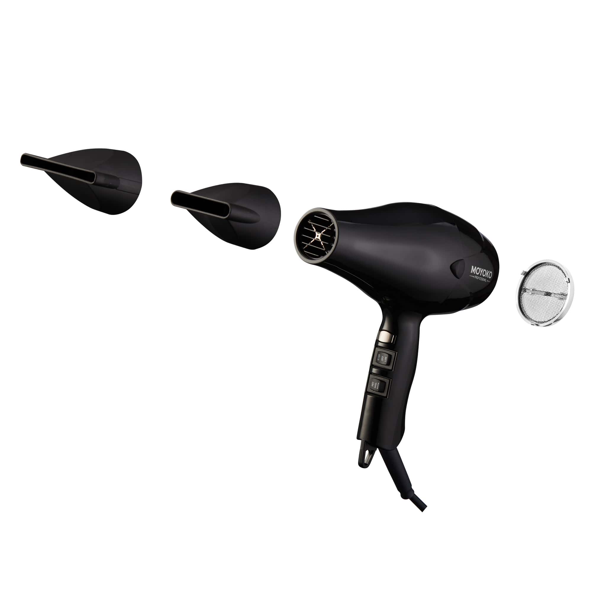 Black hair dryer with detachable nozzles and diffuser, ideal for ionic hairdryers.