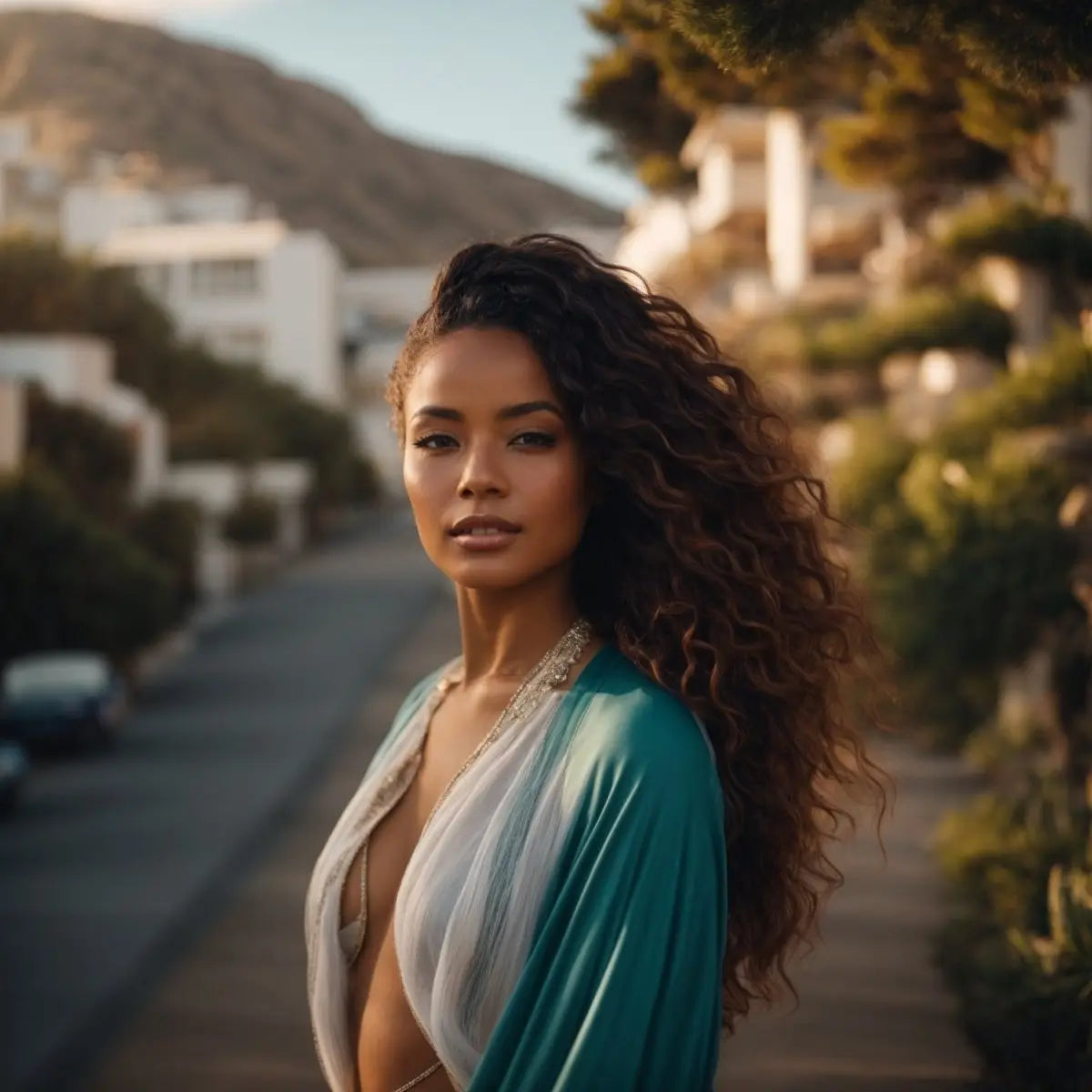 Woman with long curly hair in turquoise cardigan sharing comprehensive haircare guidelines.