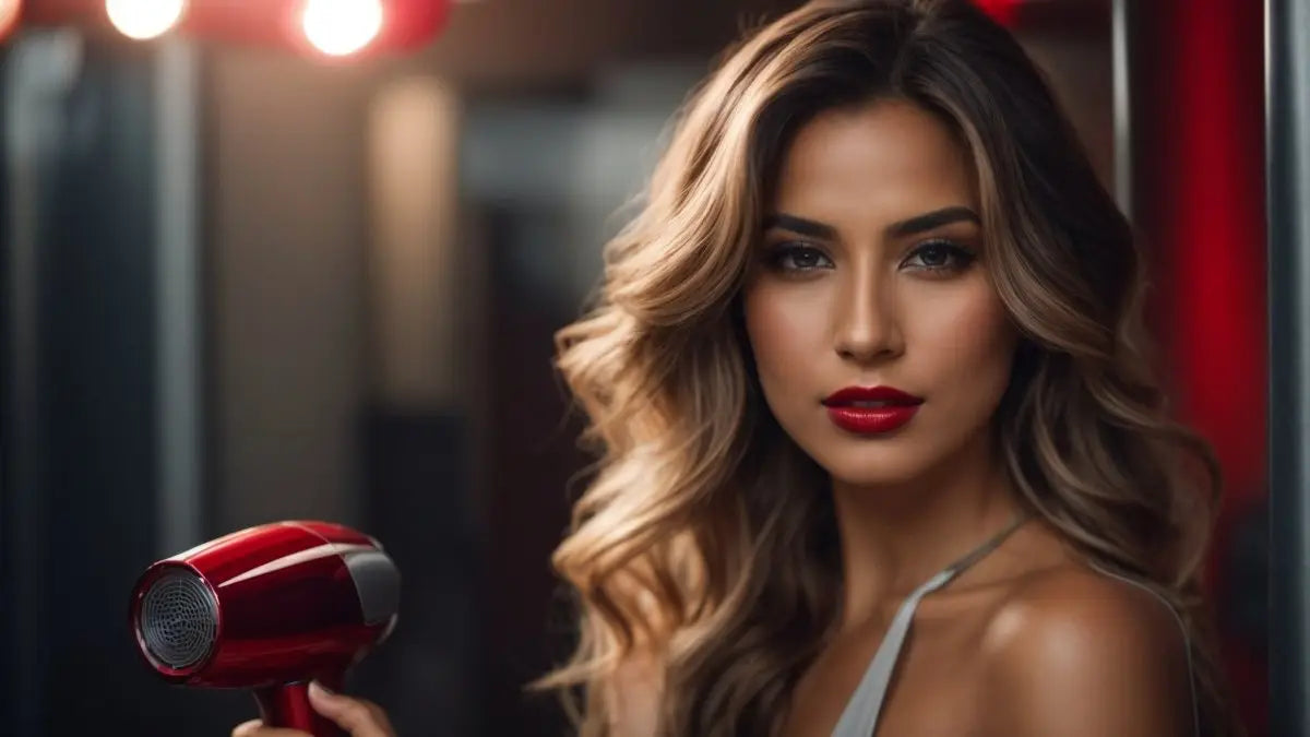 Woman with long wavy hair holding a red hair dryer in Candice Naudt’s haircare article.