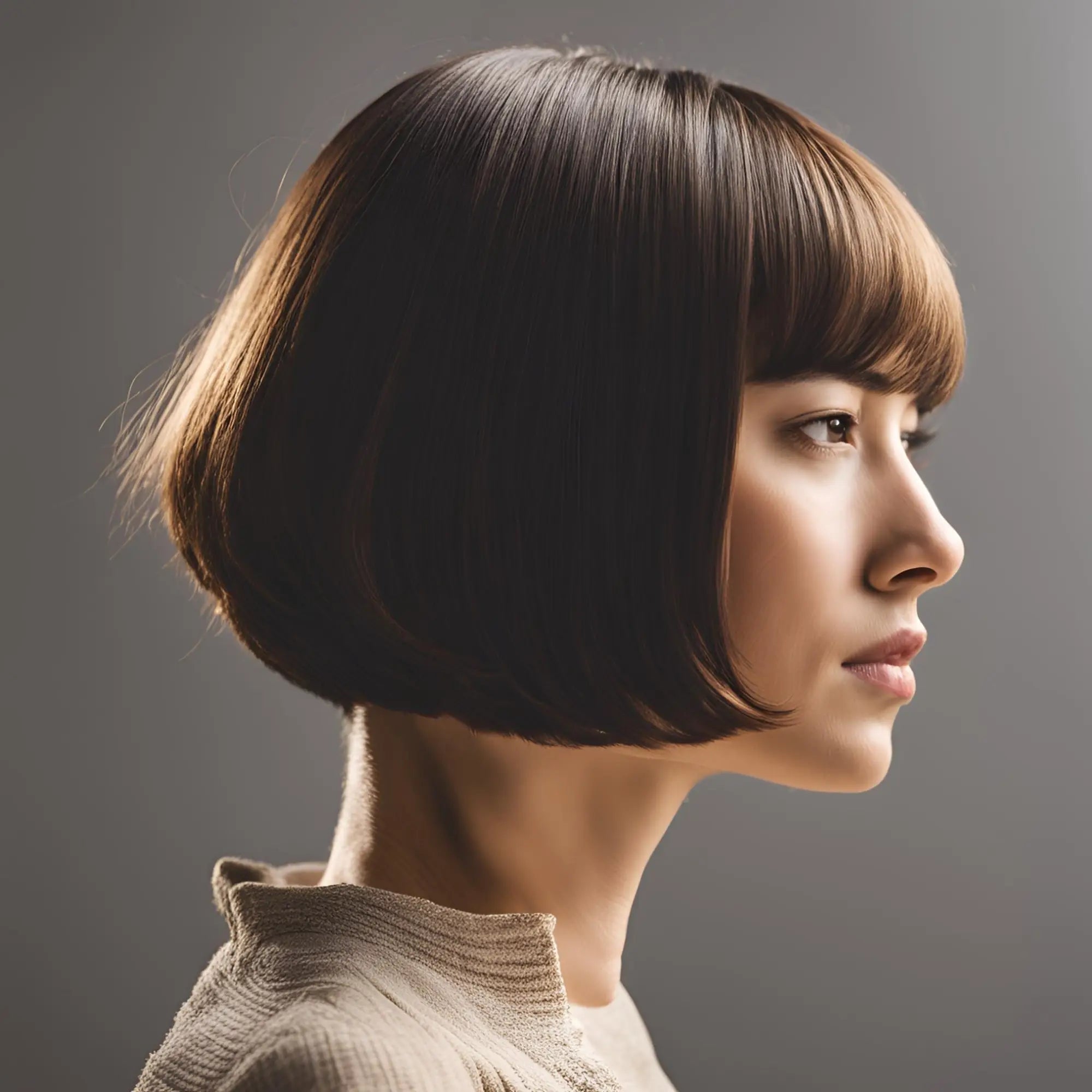 Sleek bob haircut with straight bangs highlighting trendy short haircuts for women.