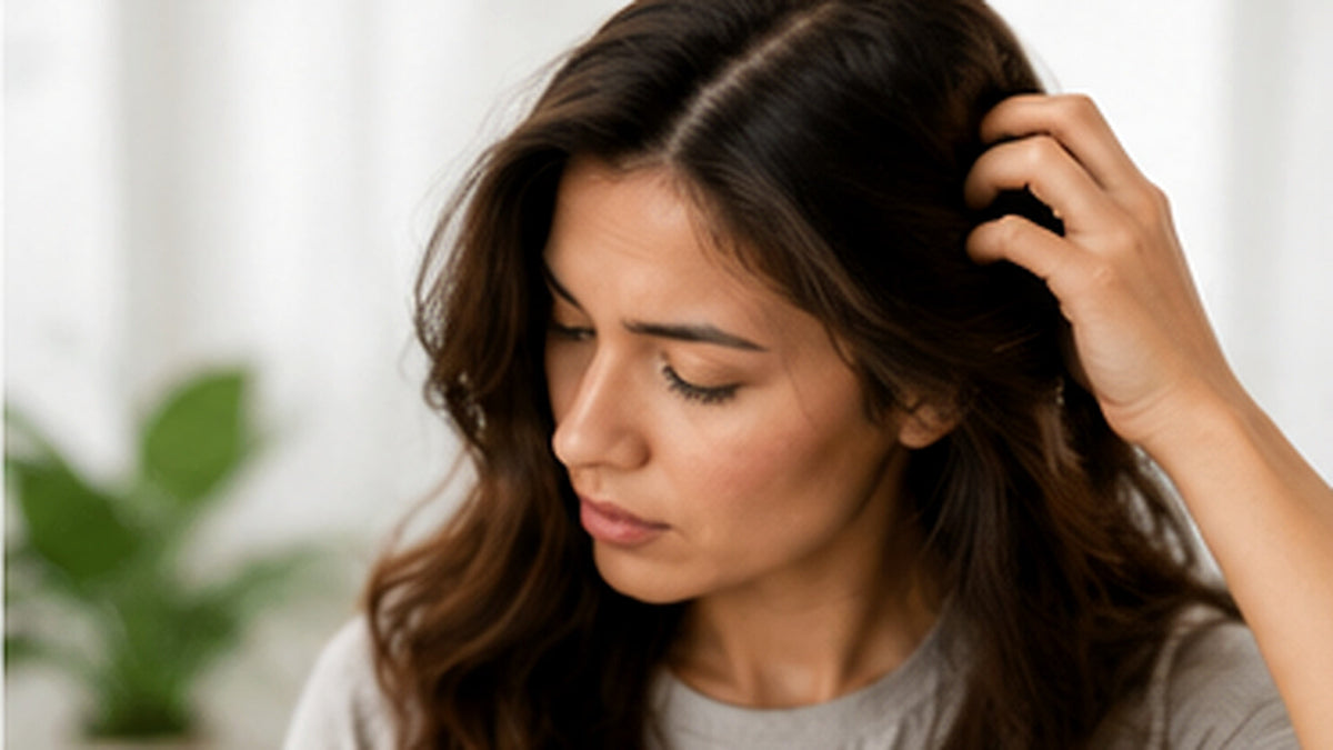Woman examining her scalp and roots, illustrating oily roots with dry lengths