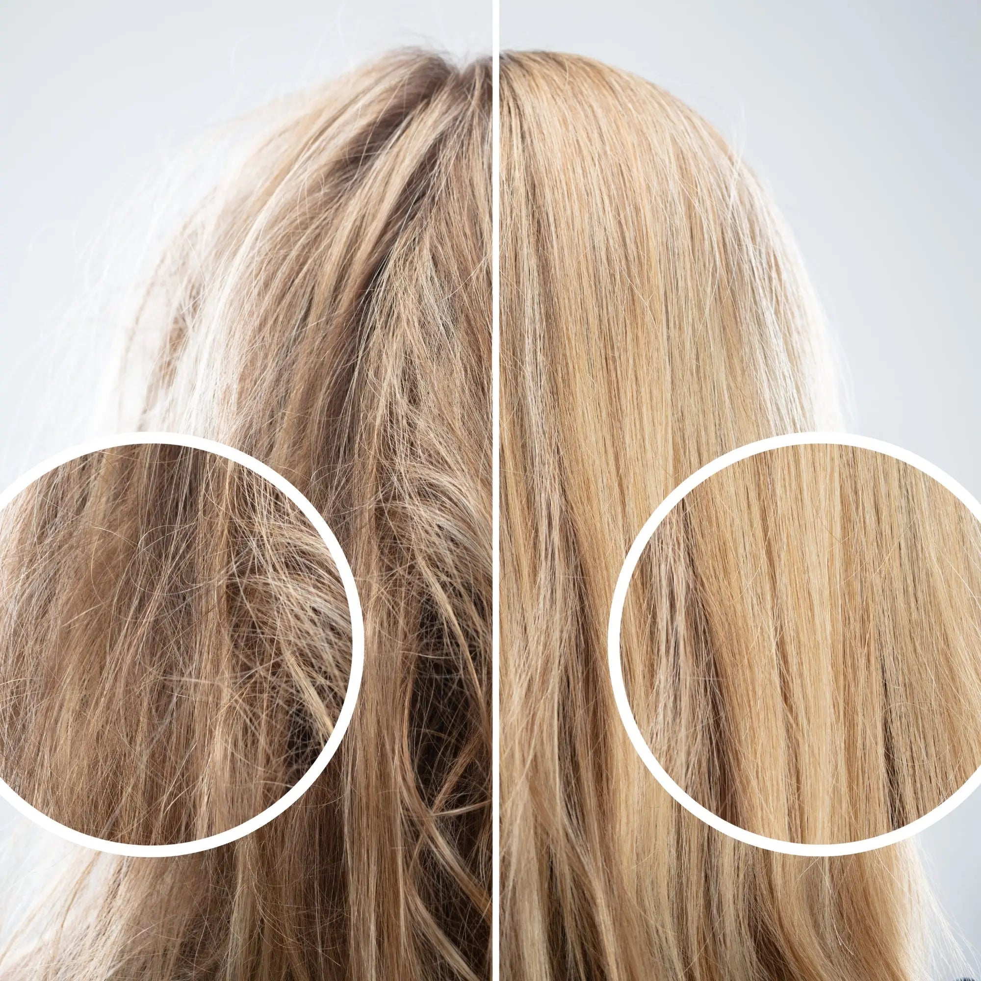 Comparison of damaged and healthy blonde hair strands in Partners Hair Design article.