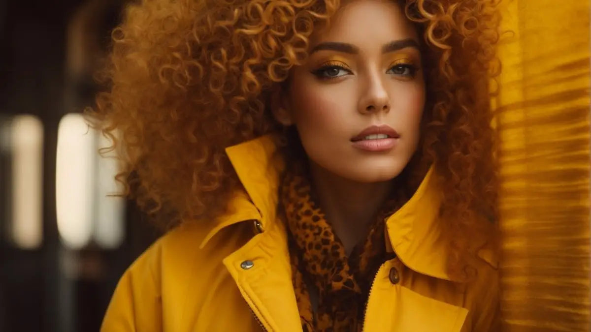 Woman with voluminous curly hair in a bright yellow coat embracing her curly hair routine.