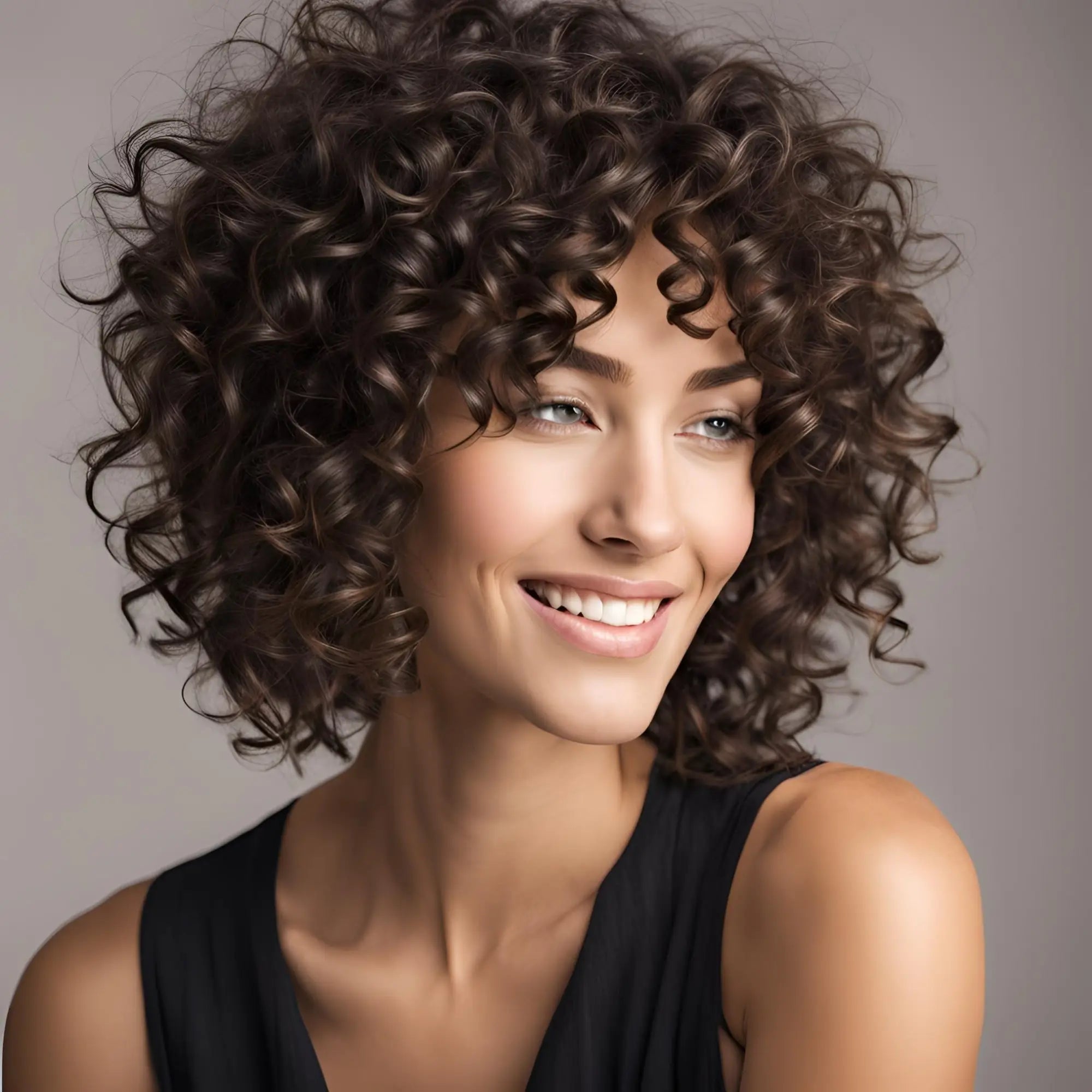 Smiling woman with voluminous curly dark hair showcasing short natural hair style.