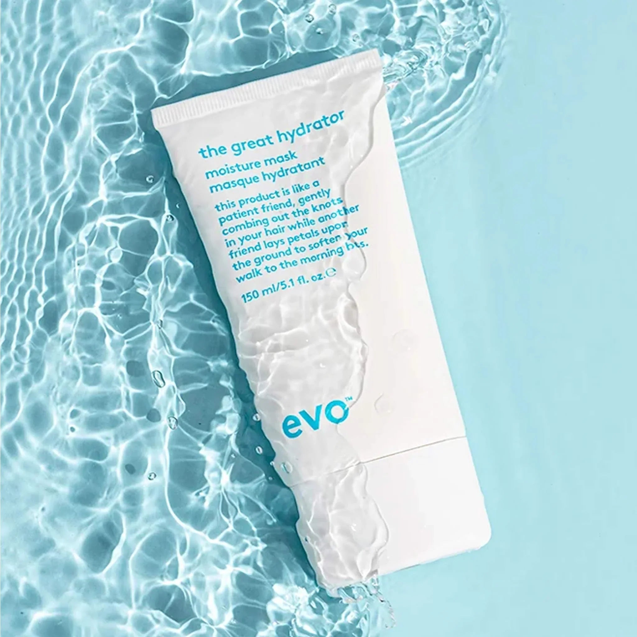 Evo The Great Hydrator moisturizer tube floating on water for hair professionals in South Africa