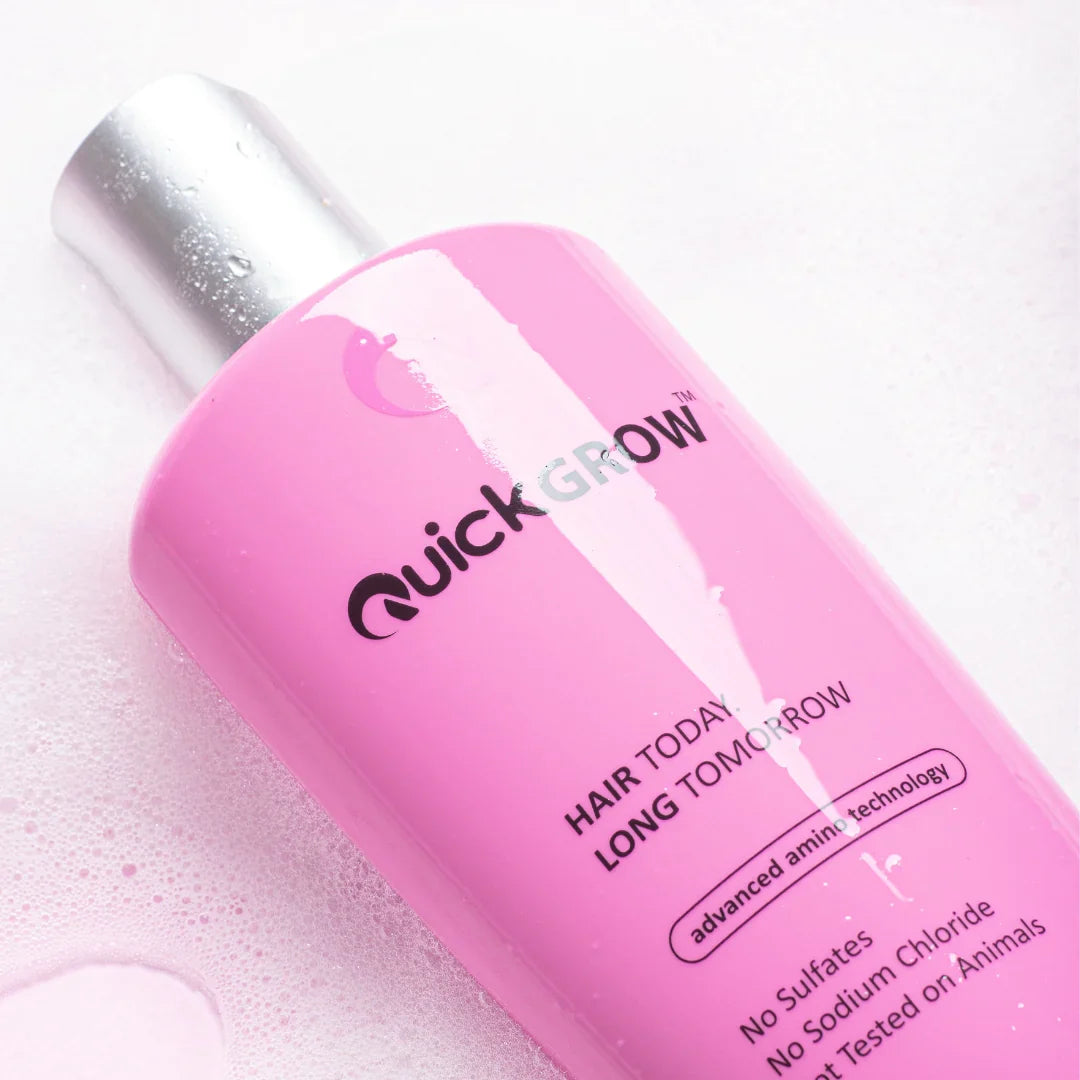 Pink bottle of Quick Grow hair growth product for healthier, longer locks.