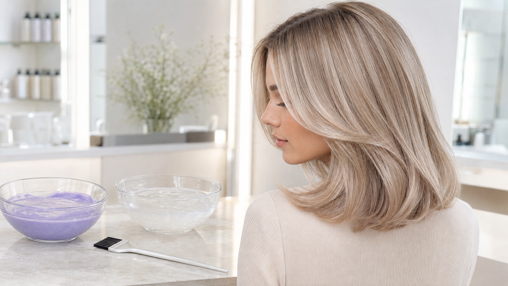 Cool beige-blonde hair with toner and gloss mixing bowls in a salon