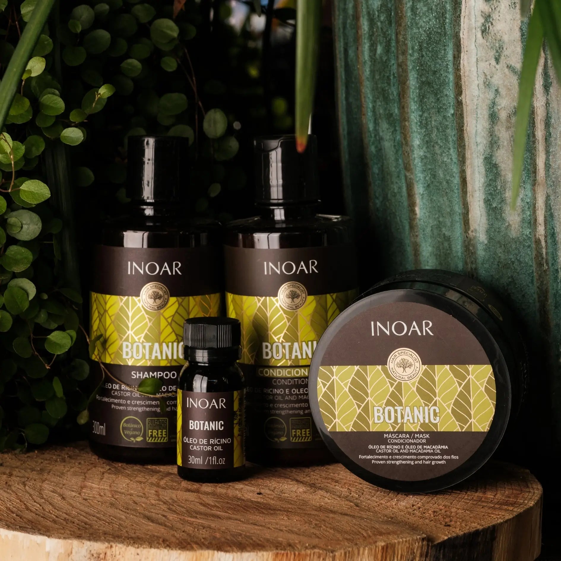 Inoar Botanic hair care product line featuring shampoo, conditioner, and treatments.