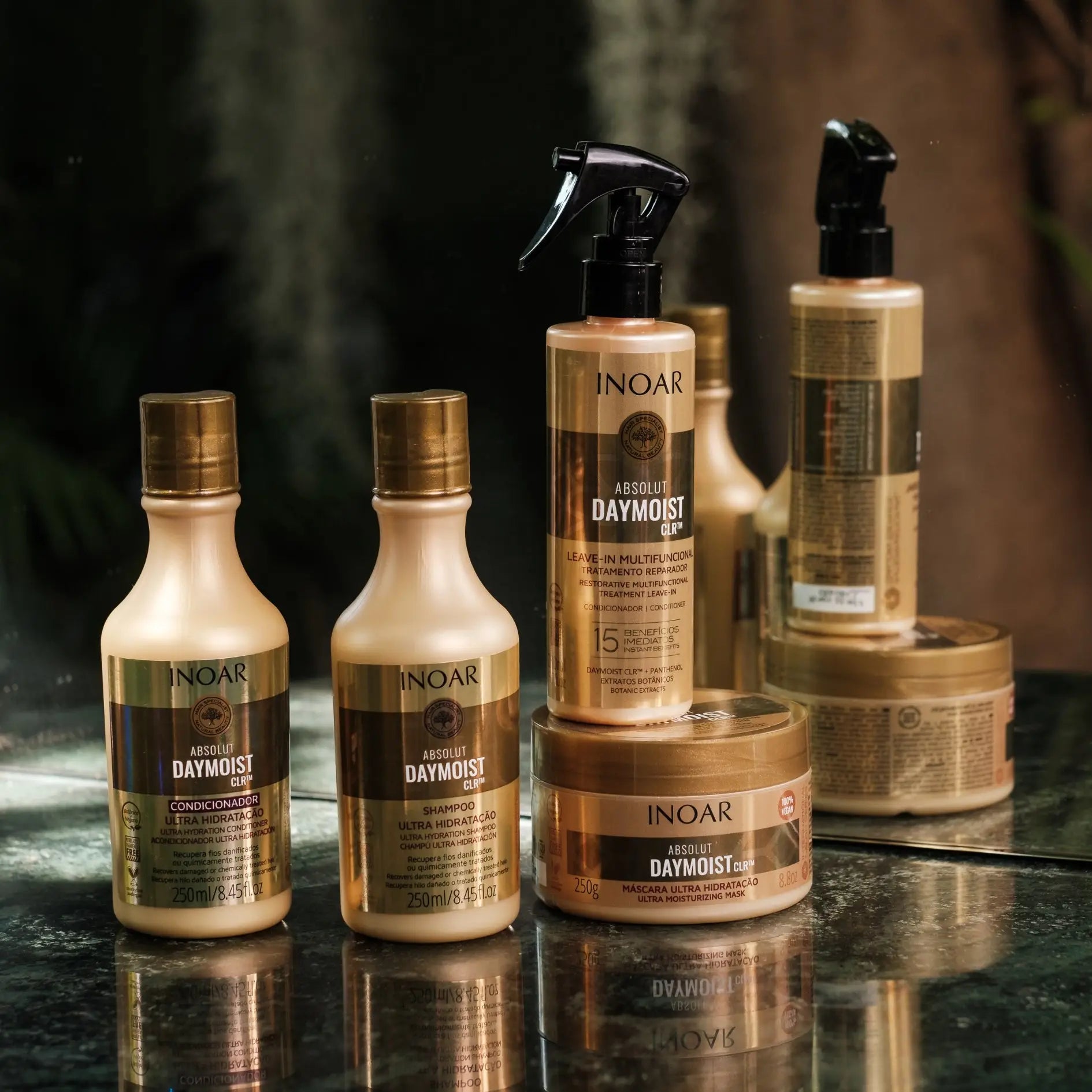 Inoar Daymoist hair care collection featuring luxurious gold-toned bottles and jars.