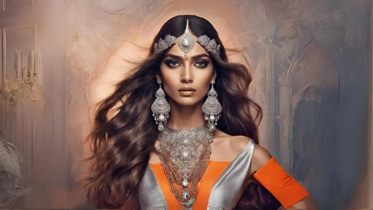 Woman with flowing dark hair wearing ornate jewelry showcases K18’s Molecular Repair Technology.