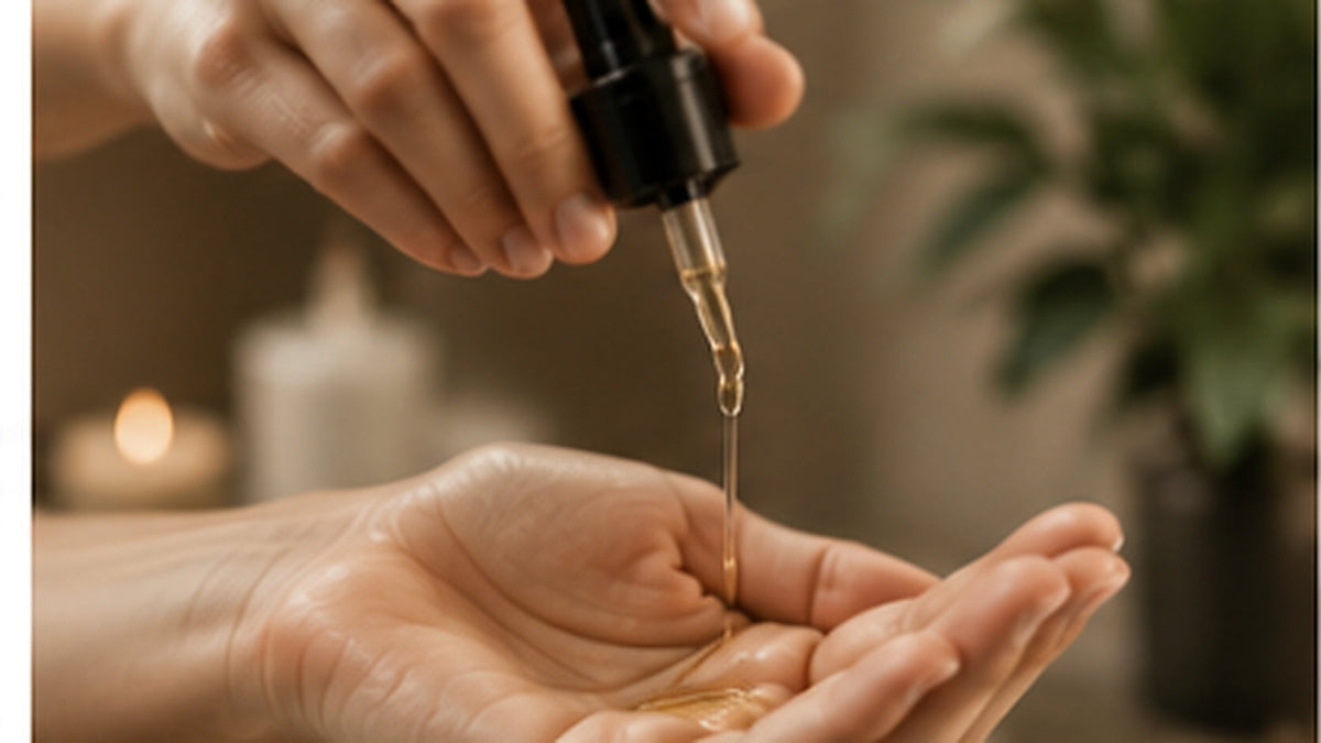Golden hair oil being dispensed into a hand, illustrating a premium nourishing hair oil ritual.