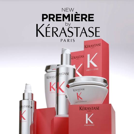 Kérastase Première hair care products in white and red packaging for calcium buildup treatment