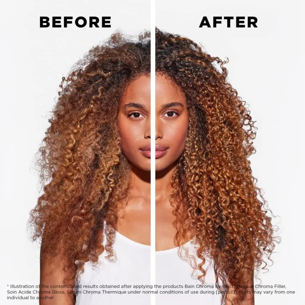 Split-screen of curly hair before and after using Kerastase products for effective haircare solutions.